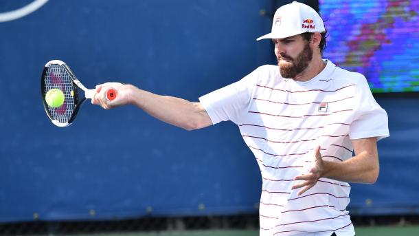 Opelka hits a forehand against Berrettini/Photo: Peter Staples/ATP Tour