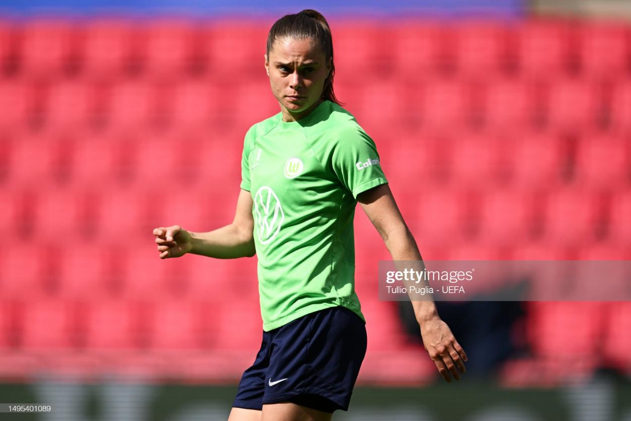 Ewa Pajor of VfL Wolfsburg looks on during a training session prior to the UEFA Women's Champions League final match between FC Barcelona and VfL Wolfsburg at PSV Stadion on June 02, 2023 in Eindhoven, Netherlands. (Photo by Tullio Puglia - UEFA/UEFA via Getty Images)