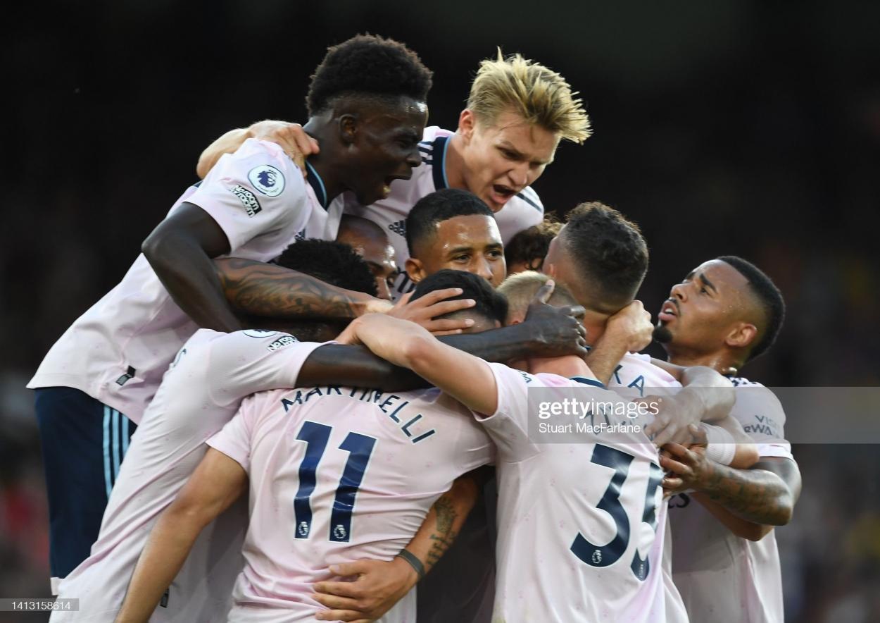 Crystal Palace v Arsenal FC - Premier League LONDON, ENGLAND - AUGUST 05: (L-R) Bukayo Saka, Martin Odegaard, William Saliba and Gabriel Jesus celebrate the 1st Arsenal goal, scored by <strong><a  data-cke-saved-href='https://www.vavel.com/en/football/2022/04/09/brighton-hove-albion/1107962-arsenal-1-2-brighton-seagulls-take-control-at-the-emirates.html' href='https://www.vavel.com/en/football/2022/04/09/brighton-hove-albion/1107962-arsenal-1-2-brighton-seagulls-take-control-at-the-emirates.html'>Gabriel Martinelli</a></strong> during the Premier League match between Crystal Palace and Arsenal FC at Selhurst Park on August 05, 2022 in London, England. (Photo by Stuart MacFarlane/Arsenal FC via Getty Images)
