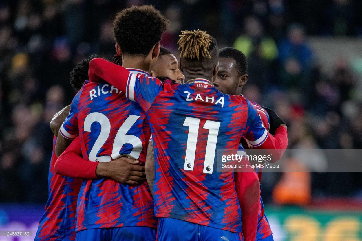 Palace celebrating their late equaliser. (Photo by Sebastian Frej - MB Media/Getty Images.)