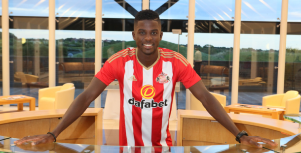 Papy Djilobodji been unveiled as a Sunderland player. | Photo: Sunderland AFC via Getty Images