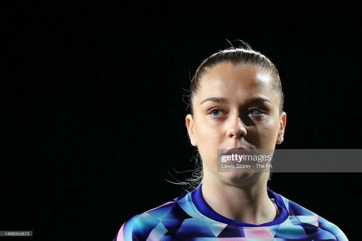 Poppy Pattinson of England looks on prior to the International Friendly match between England and Belgium at Prenton Park on February 20, 2023 in Birkenhead, England. (Photo by Lewis Storey - The FA/The FA via Getty Images)