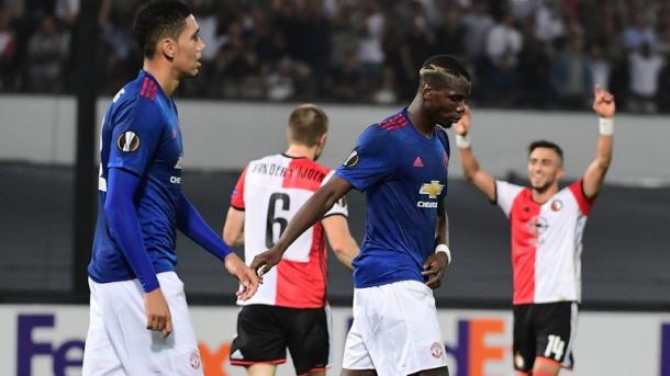 The United players were left dejected after Feyenoord's late winner in Rotterdam | Photo: Getty