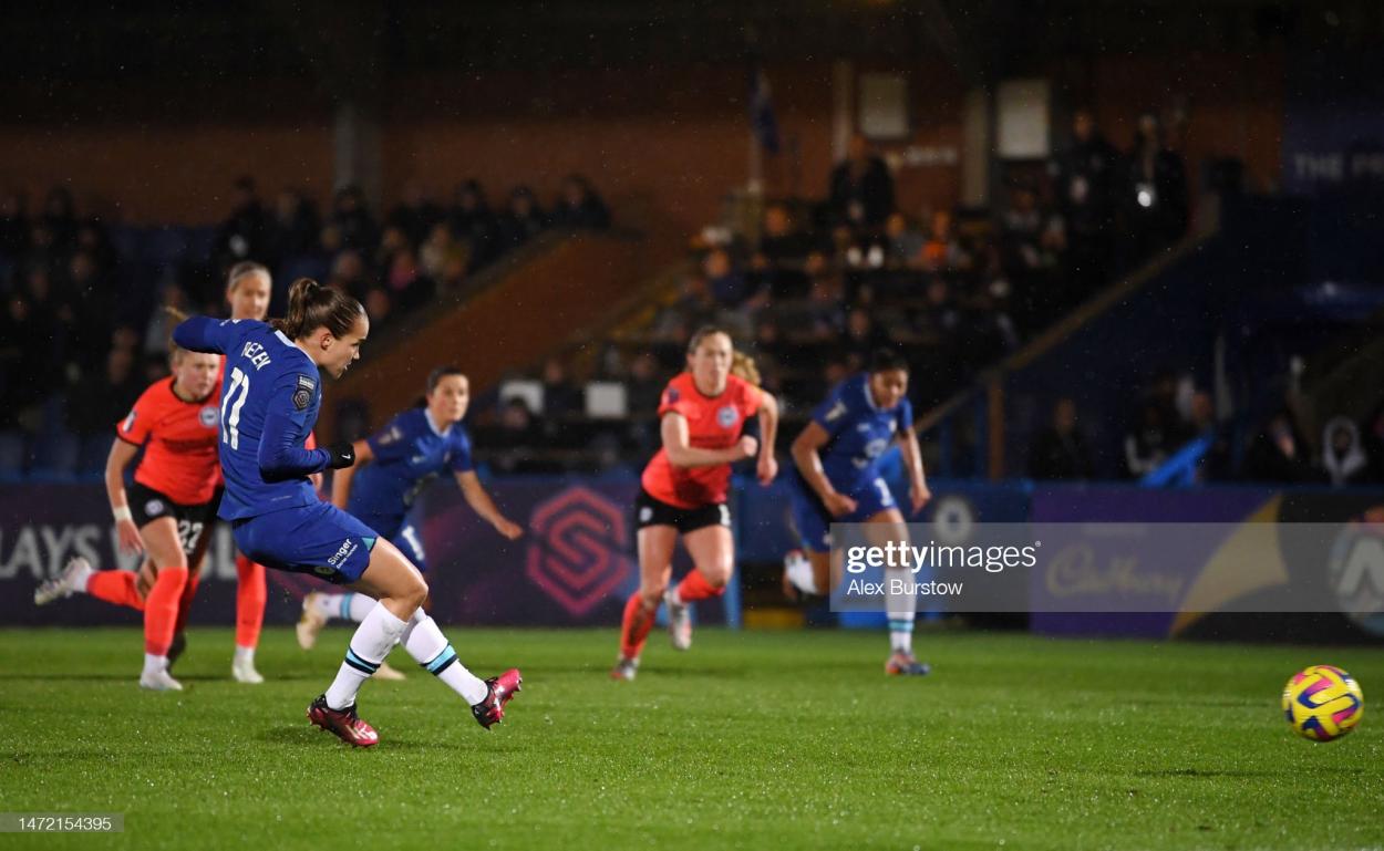 Reiten put her team ahaead after a controversial penalty shout. (Photo by Alex Burstow/Getty Images)