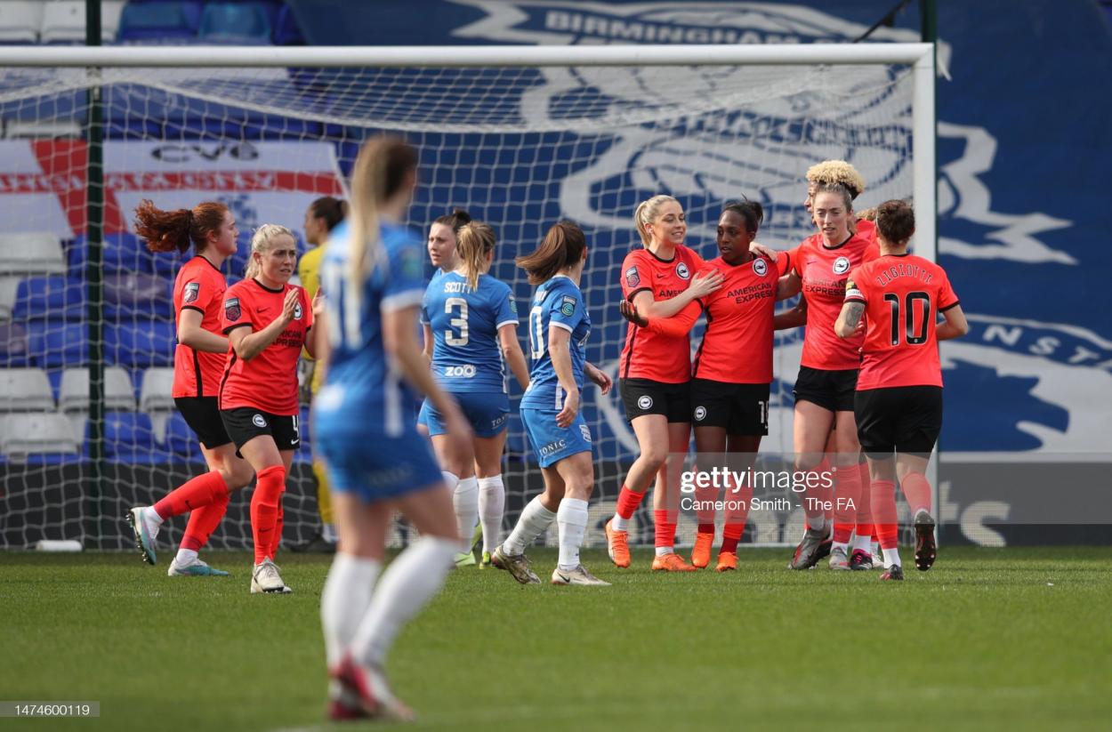 <strong><a  data-cke-saved-href='https://www.vavel.com/en/football/2023/03/07/womens-football/1139876-4-things-we-learned-from-chelseas-victory-over-brighton.html' href='https://www.vavel.com/en/football/2023/03/07/womens-football/1139876-4-things-we-learned-from-chelseas-victory-over-brighton.html'>Danielle Carter</a></strong> of Brighton & Hove Albion celebrates with team mates after scoring the team's second goal from a penalty kick during the Vitality Women's FA Cup match between Birmingham City and Brighton & Hove Albion at St Andrew's Trillion Trophy Stadium on March 19, 2023 in Birmingham, England. (Photo by Cameron Smith - The FA/The FA via Getty Images)