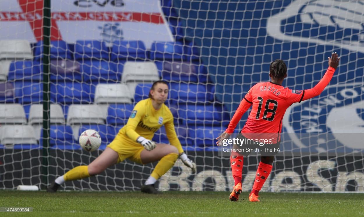 Danielle Carter of Brighton & Hove Albion scores the team's second goal from a penalty kick past Lucy Thomas of Birmingham City during the Vitality Women's FA Cup match between Birmingham City and Brighton & Hove Albion at St Andrew's Trillion Trophy Stadium on March 19, 2023 in Birmingham, England. (Photo by Cameron Smith - The FA/The FA via Getty Images)