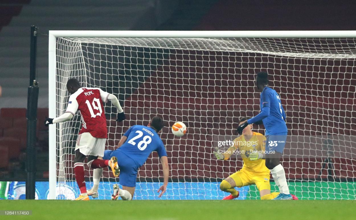 Nicolas Pepe scores against Molde on Thursday (Photo by Chloe Knott via Getty Images)