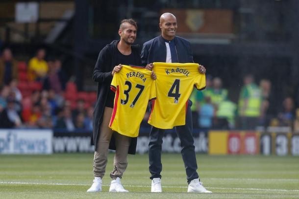 Pereyra and Kabul were shown to the crowd on Saturday (Photo: Action Images)