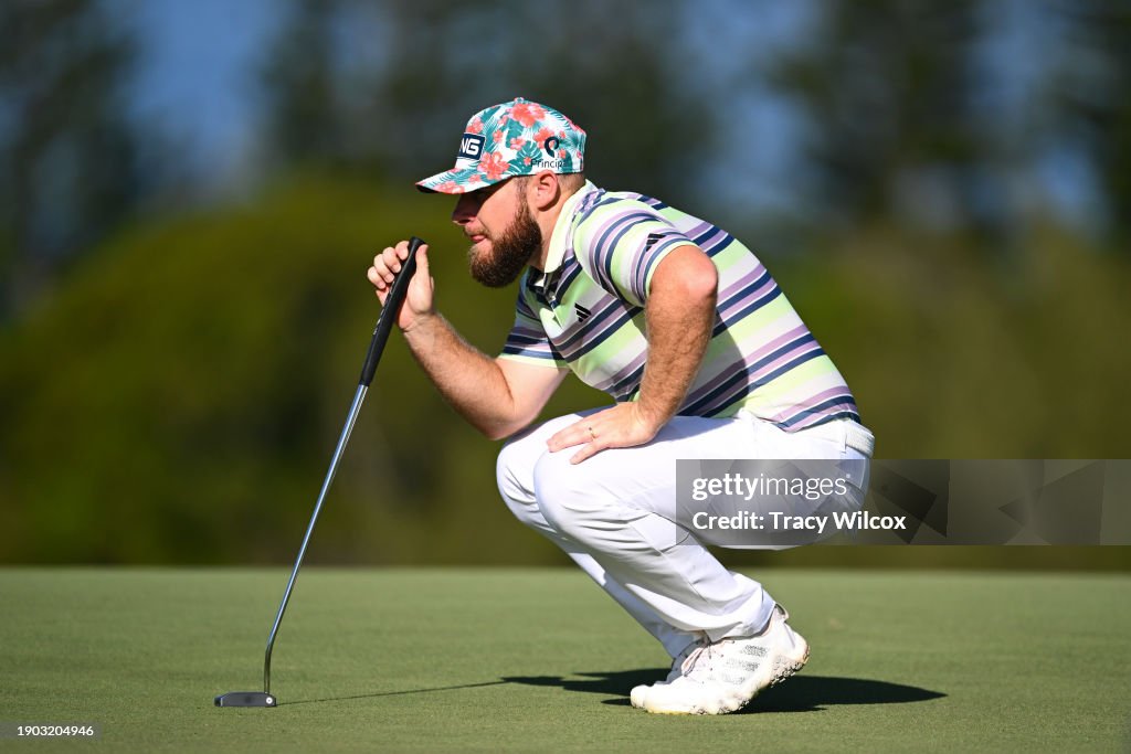 Tyrrell Hatton of England looks over his putt on the ninth green during the second round of The Sentry at The Plantation Course at Kapalua on January 5, 2024 in Kapalua, Maui, Hawaii. (Photo by Tracy Wilcox/PGA TOUR via Getty Images)