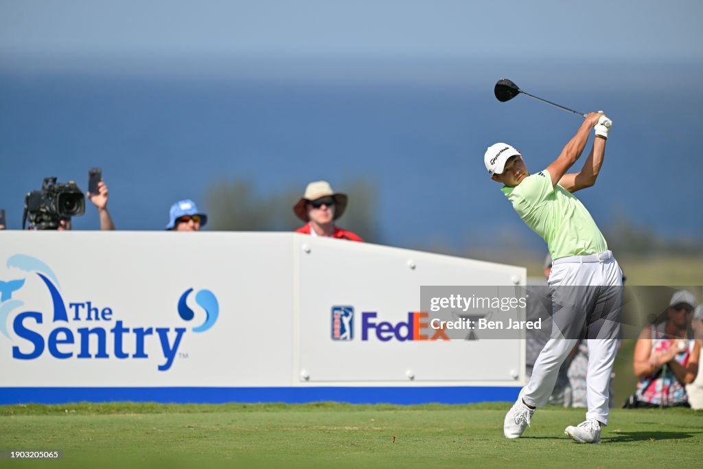 Collin Morikawa tees off on the 14th tee box during the second round of The Sentry at The Plantation Course at Kapalua on January 5, 2024 in Kapalua, Maui, Hawaii. (Photo by Ben Jared/PGA TOUR via Getty Images)