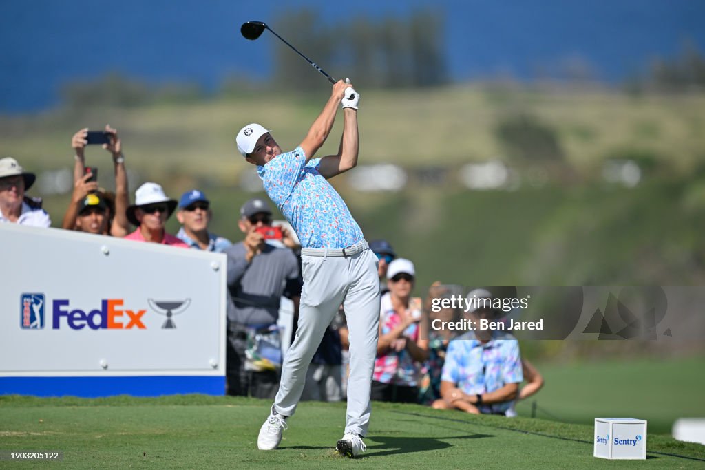 Jordan Spieth tees off on the 14th hole during the second round of The Sentry at The Plantation Course at Kapalua on January 5, 2024 in Kapalua, Maui, Hawaii. (Photo by Ben Jared/PGA TOUR via Getty Images)