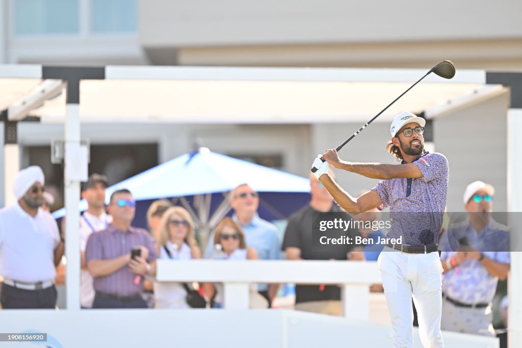Akshay Bhatia tees off on the first hole during the Final Round of The Sentry at The Plantation Course at Kapalua on January 7, 2024 in Kapalua, Maui, Hawaii. (Photo by Ben Jared/PGA TOUR via Getty Images)