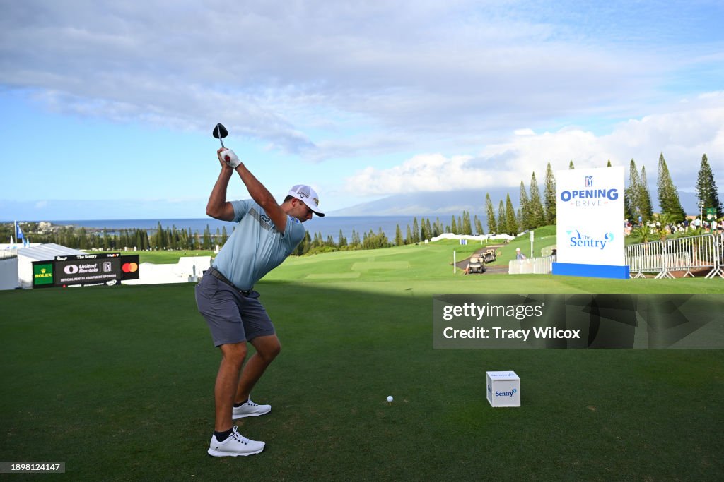  Sam Burns hits his tee shot during the pro-am prior to The Sentry at The Plantation Course at Kapalua on January 3, 2024 in Kapalua, Maui, Hawaii. (Photo by Tracy Wilcox/PGA TOUR via Getty Images)