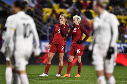 Megan Rapinoe and Lindsey Horan discuss a free kick opportunity in the 1-0 victory over Germany at the 2018 SheBelieves Cup. | Photo: Jamie Sabau - Getty Images