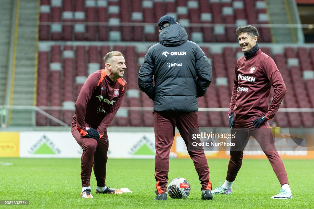 Kamil Grosicki, coach Michal Probierz, and Robert Lewandowski are training with Team Poland before the Euro 2024 play-off match against Estonia in Warsaw, Poland, on March 18, 2024. (Photo by Foto Olimpik/NurPhoto via Getty Images)
