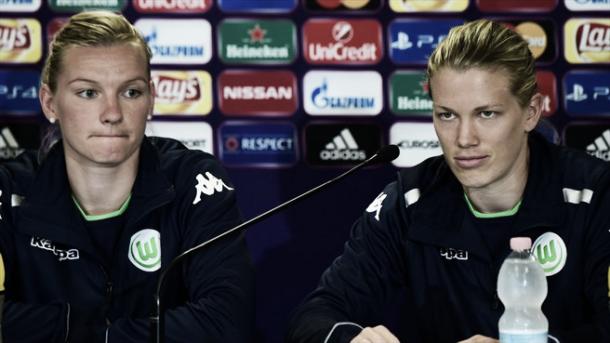 Popp and Dickenmann talk to the media. | Image source: UEFA