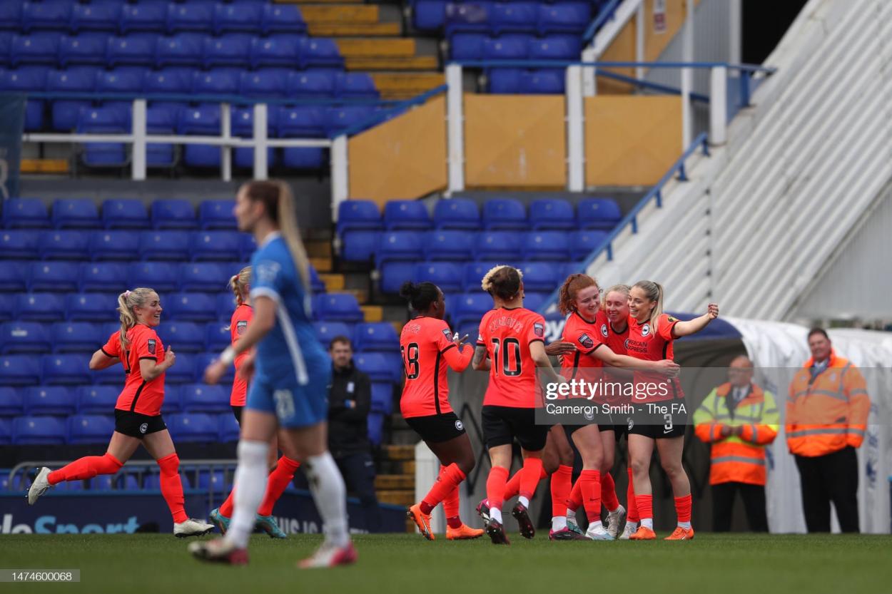 Poppy Pattinson of Brighton & Hove Albion celebrates with team mates after scoring the team's first goal during the Vitality Women's FA Cup match between Birmingham City and Brighton & Hove Albion at St Andrew's Trillion Trophy Stadium on March 19, 2023 in Birmingham, England. (Photo by Cameron Smith - The FA/The FA via Getty Images)