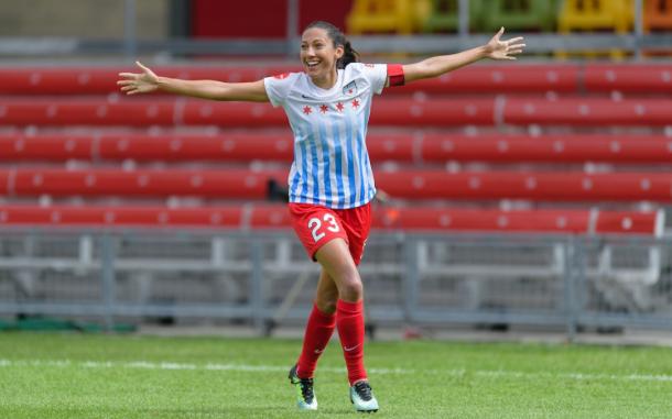 Christen Press celebrating a 2017 goal with the Red Stars l source: chicagoredstars.com