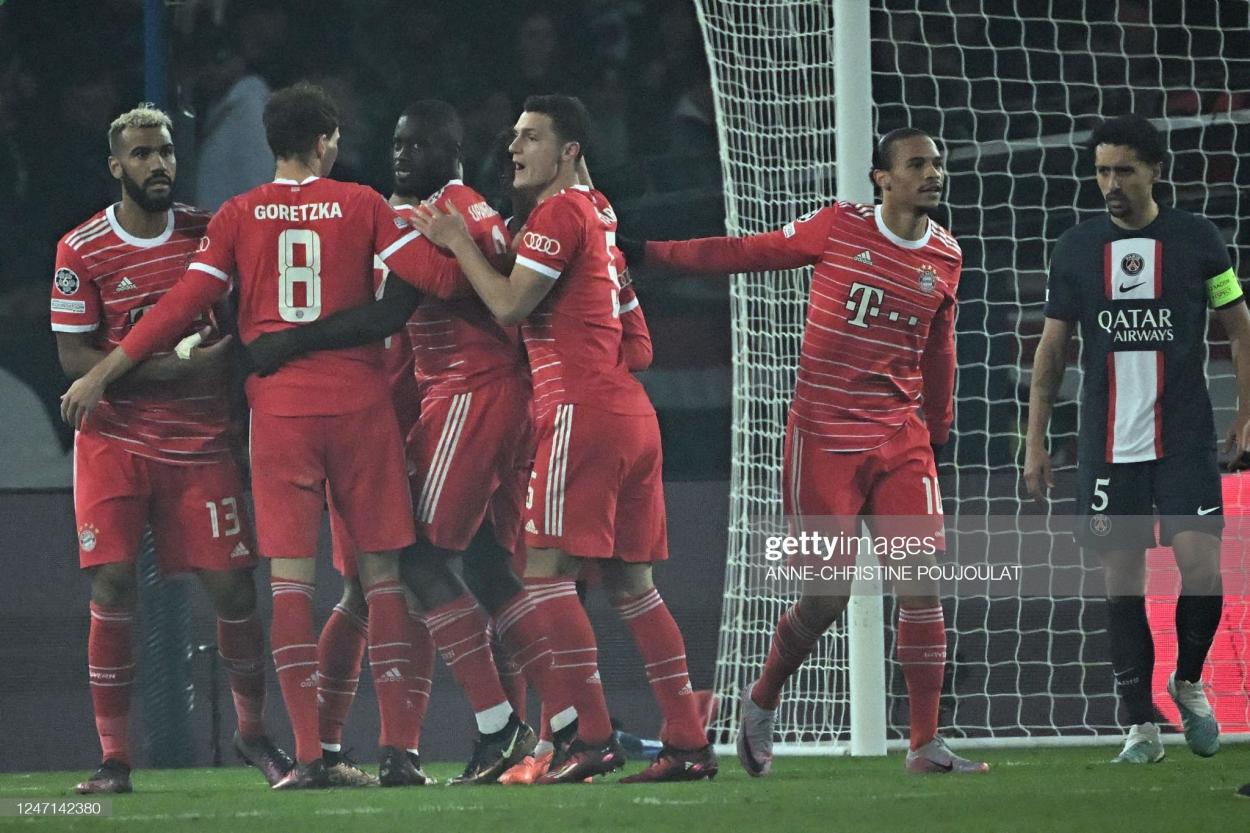 Bayern Munich celebrating the opening goal. (Photo by Anne-Christine Poujoulat/ATP/Getty Images)