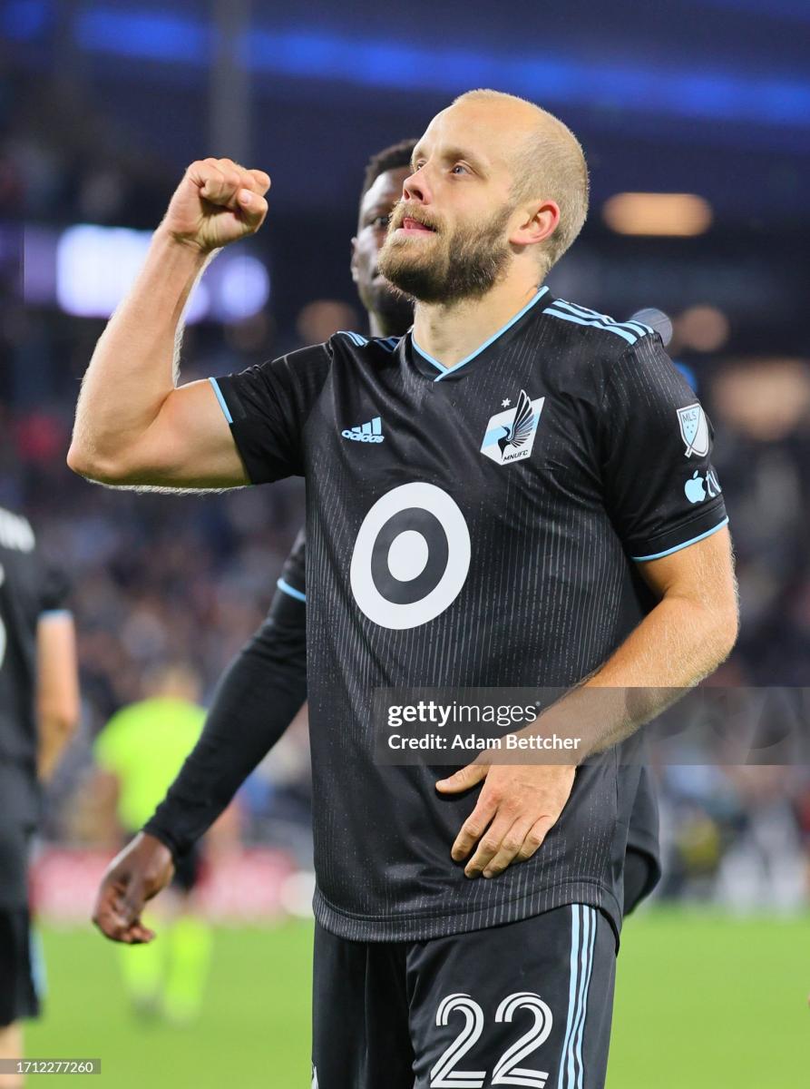 Teemu Pukki #22 of Minnesota United celebrate his goal against Los Angeles Galaxy in the second half at Allianz Field on October 7, 2023 in St Paul, Minnesota. The Minnesota United defeated the Los Angeles Galaxy 5-2.(Photo by Adam Bettcher/Getty Images)