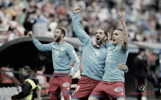 Jugadores del Numancia celebrando la victoria | Fotografía: La Liga