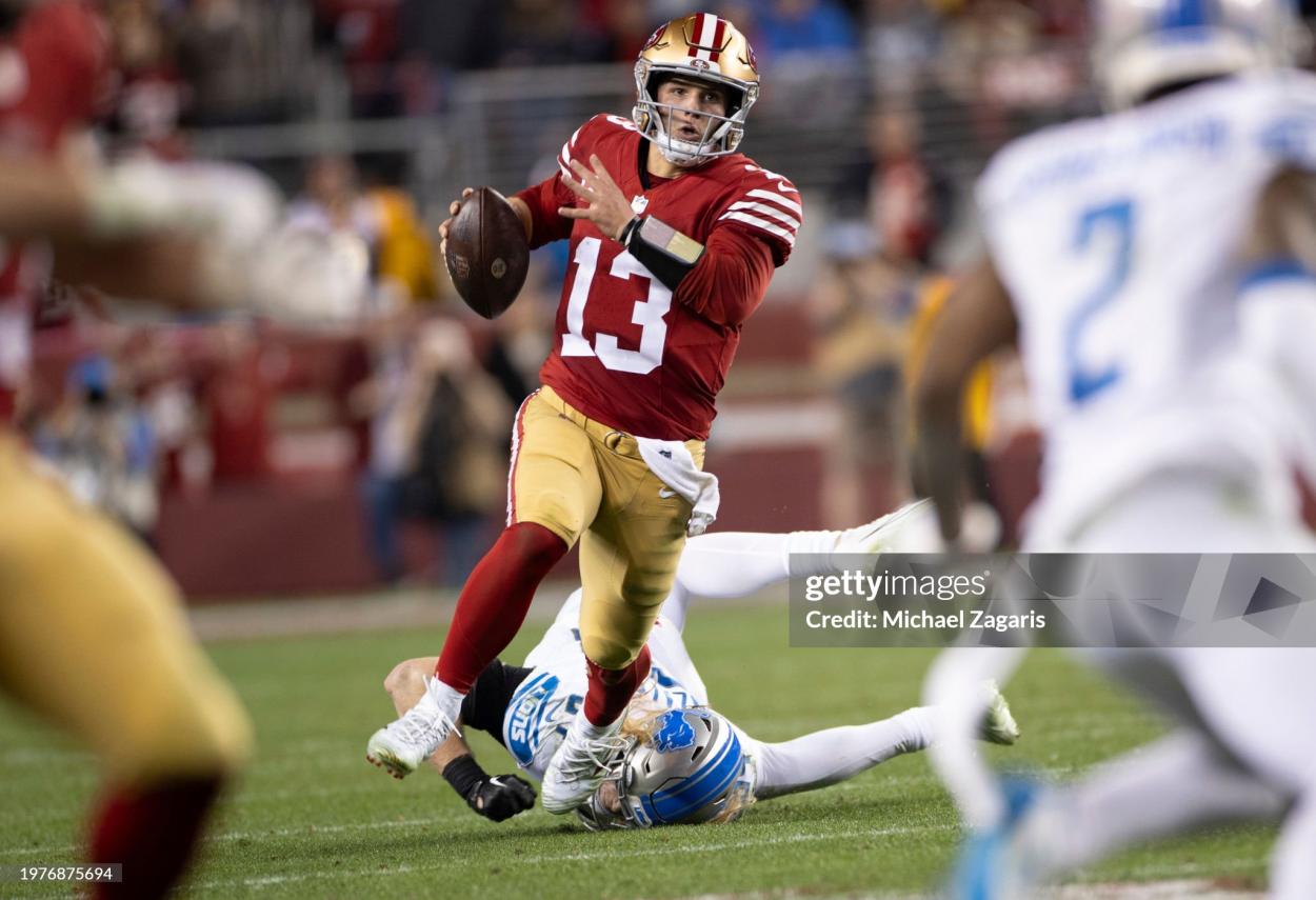 Brock Purdy #13 of the San Francisco 49ers rushes during the NFC Championship game against the Detroit Lions at Levi's Stadium on January 28, 2024 in Santa Clara, California. The 49ers defeated the Lions 34-31. (Photo by Michael Zagaris/San Francisco 49ers/Getty Images)