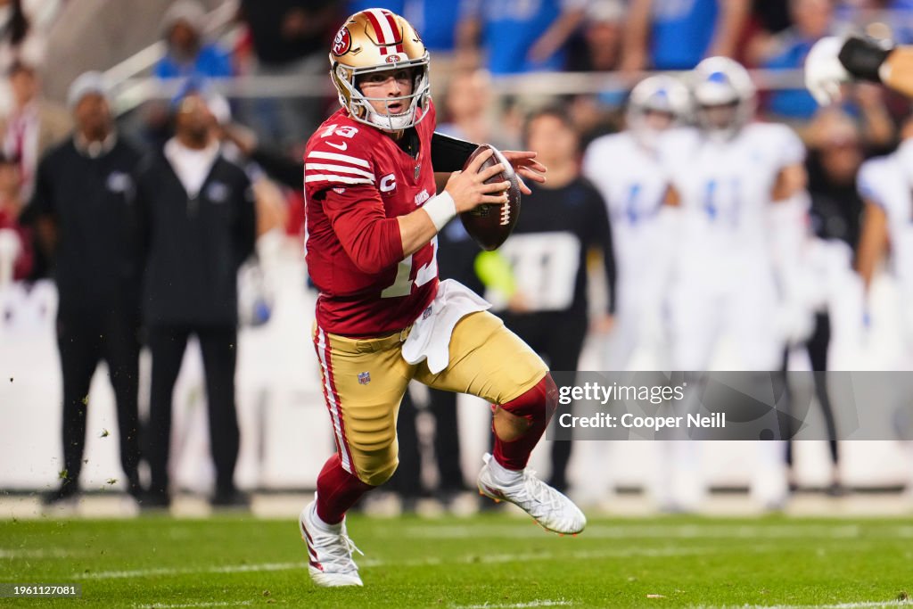 Brock Purdy #13 of the San Francisco 49ers scrambles against the Detroit Lions during the second half of the NFC Championship football game at Levi's Stadium on January 28, 2024 in Santa Clara, California. (Photo by Cooper Neill/Getty Images)
