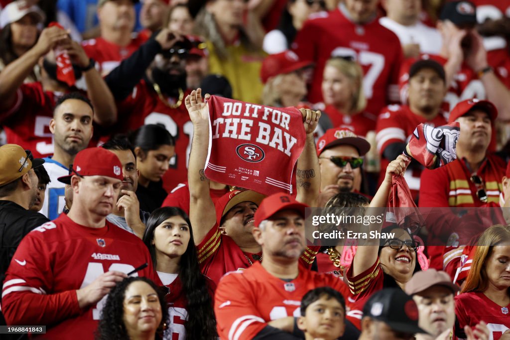 San Francisco 49ers fans celebrate during the second half against the Detroit Lions in the NFC Championship Game at Levi's Stadium on January 28, 2024 in Santa Clara, California. (Photo by Ezra Shaw/Getty Images)