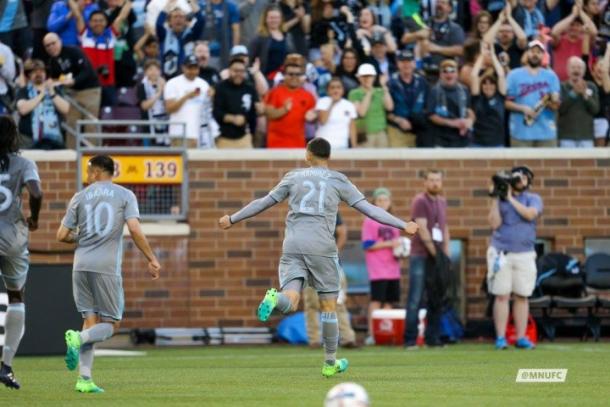 Christian Ramirez celebrates against Orlando City on May 27. (MNUFC Media Relations)