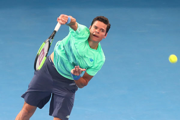 Raonic serving in his second round match in Brisbane (Photo by Chris Hyde / Getty Images)