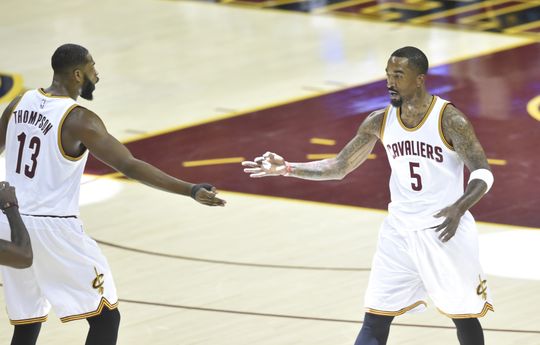 Cleveland Cavaliers center Tristan Thompson (13) and guard JR Smith (5) celebrate during the game. Photo by: David Richard-USA TODAY Sports  