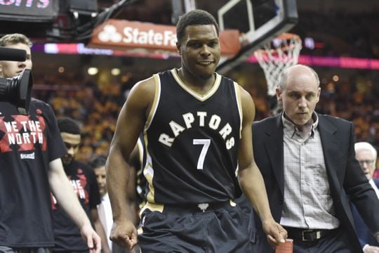 Toronto Raptors guard Kyle Lowry (7) heads to the locker room after injuring his left ankle. Photo by:David Richard-USA TODAY Sports 