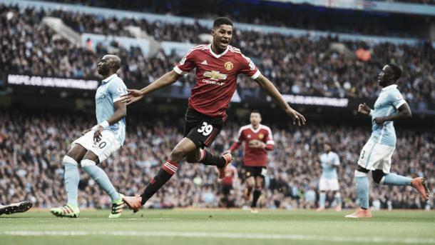 Rashford scores in the derby from last season. Photo:Sky Sports