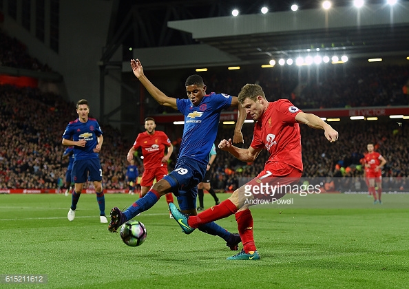Rashford battled against Liverpool's James Milner during the goalless draw | Photo: Andrew Powell/ Liverpool FC via Getty)