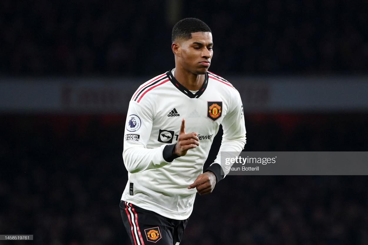 Rashford celebrating the opener. (Photo by Shaun Botterill/Getty Images.)