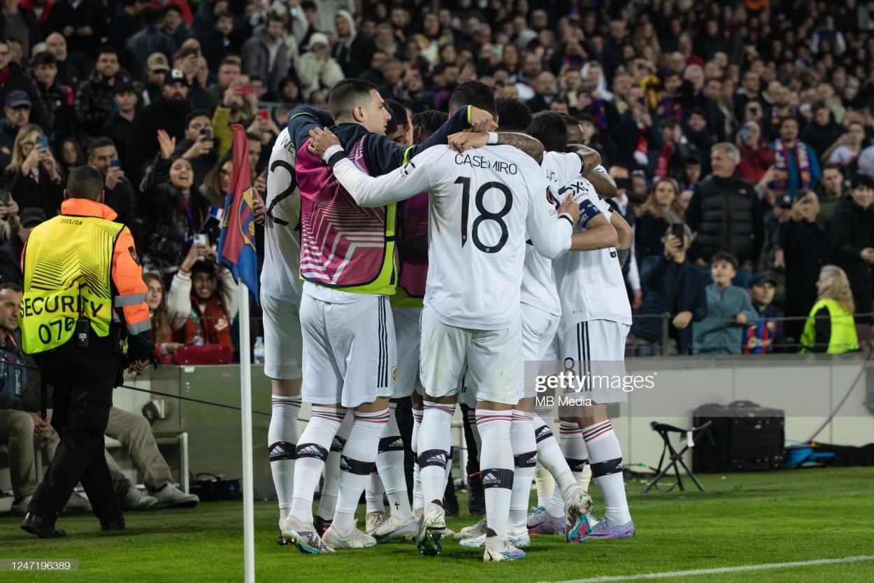 Manchester United celebrating their equaliser. (Photo by MB Media/Getty Images)