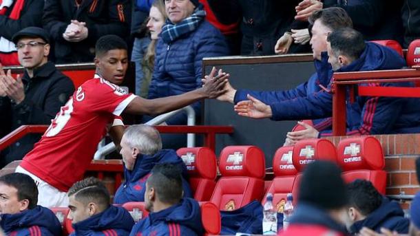 Marcus Rashford is congratulated by Louis Van Gaal. | Source: Belfast Telegraph