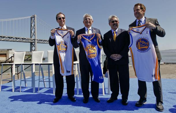 Joe Lacob, Peter Guber, David Stern y el alcalde de San Francisco en la presentación del proyecto. Foto: SFGate.com