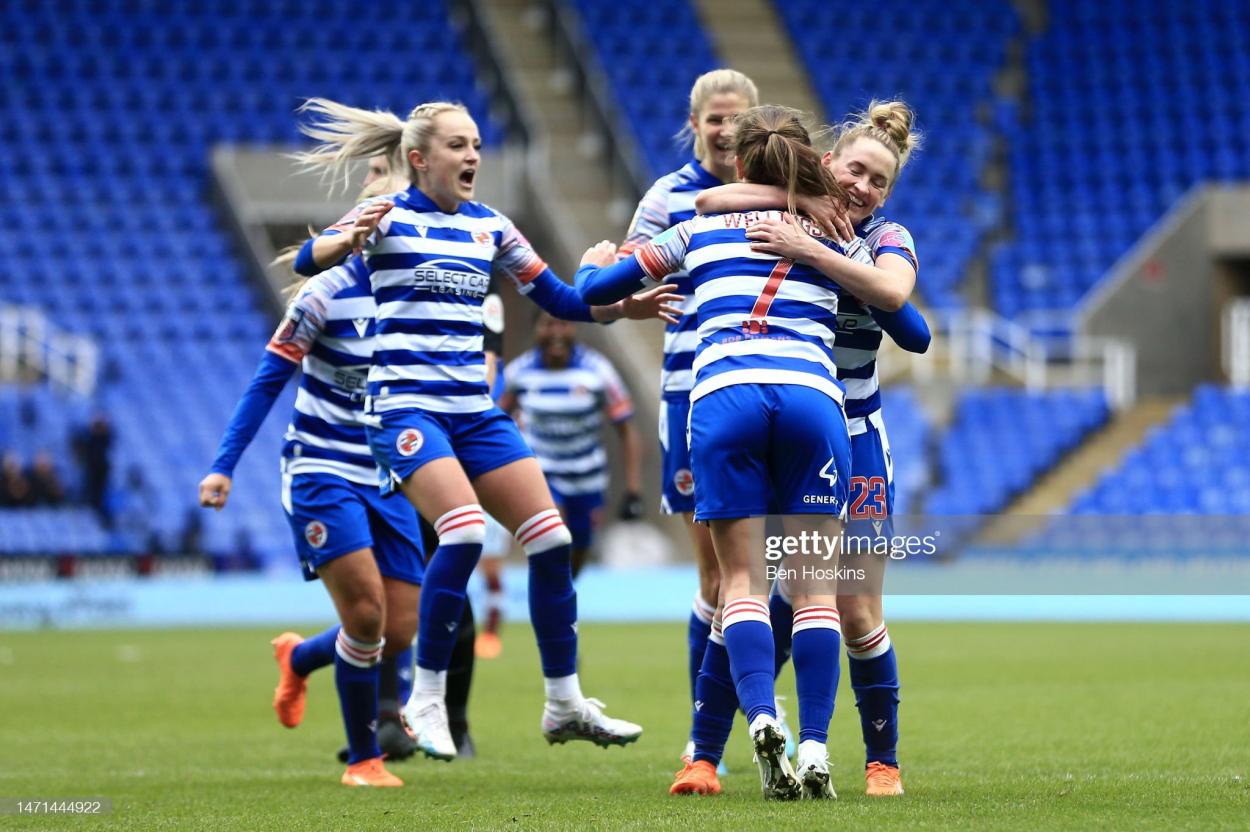 Charlie Wellings celebrates with teammates after scoring the team's first goal during the FA Women's Super League match between Reading and West Ham United. (Photo by Ben Hoskins/Getty Images)