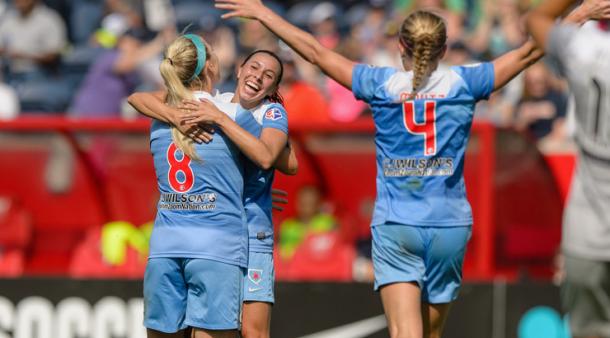 The Red Stars celebrate during a victory over the Courage earlier this year | Source: Goal Nation