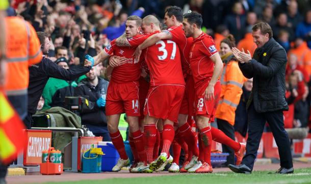 Liverpool celebrate Henderson's opener in a 2-1 win over Man City. (Picture: Getty Images)