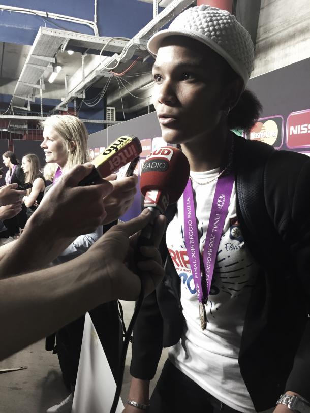 Wendie Renard talks to the media after the game. | Image source: Gianluca Lia