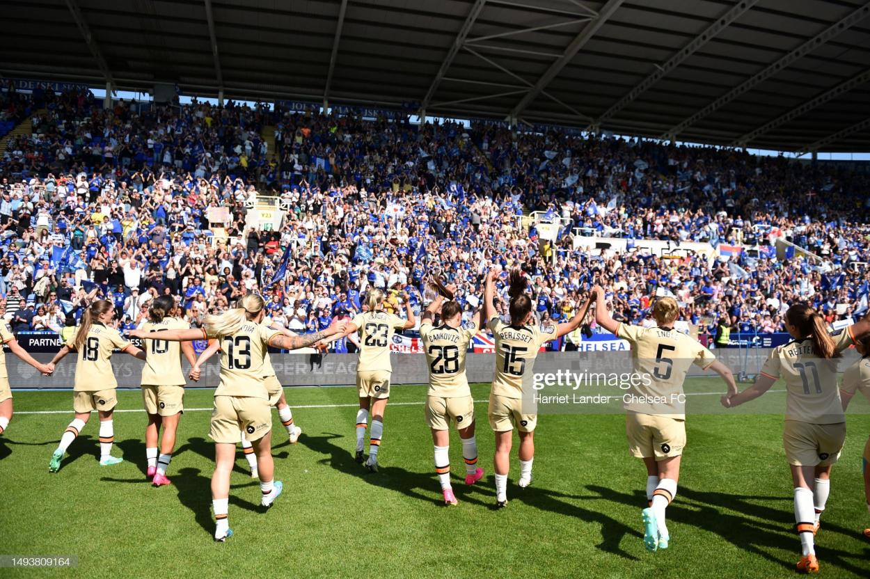 The Chelsea players celebrate with the fans following their victory in the FA Women's Super League match between Reading and Chelsea at Madejski Stadium on May 27, 2023 in Reading, England. (Photo by Harriet Lander - Chelsea FC/Chelsea FC via Getty Images)
