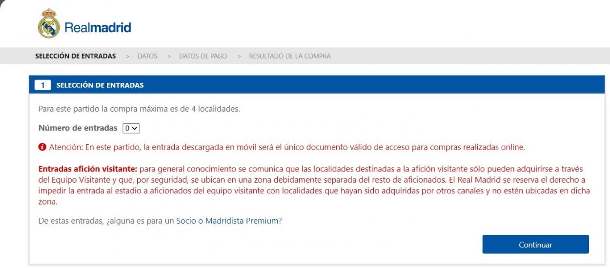 Un mensaje en el que el Madrid avisa de que se guarda el derecho de admisión