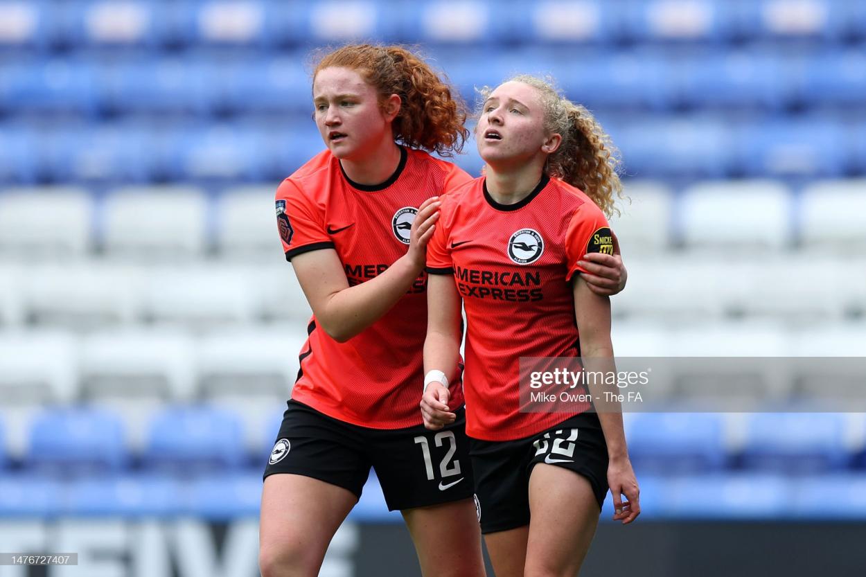  <strong><a  data-cke-saved-href='https://www.vavel.com/en/football/2023/02/23/womens-football/1138566-england-lionesses-nominated-for-world-team-of-the-year.html' href='https://www.vavel.com/en/football/2023/02/23/womens-football/1138566-england-lionesses-nominated-for-world-team-of-the-year.html'>Katie Robinson</a></strong> of Brighton & Hove Albion reacts with teammate Libby Bance after missing a chance during the FA Women's Super League match between Reading and Brighton & Hove Albion at Select Car Leasing Stadium on March 26, 2023 in Reading, England. (Photo by Mike Owen - The FA/The FA via Getty Images)