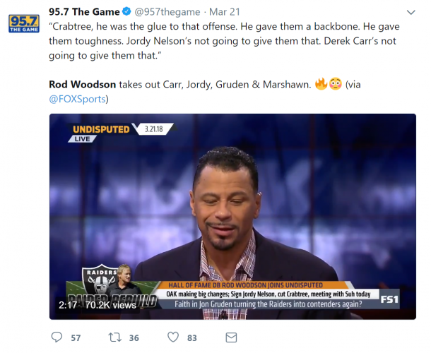 Local Bay Area radio station 95.7 The Game caught wind of Rod Woodson's hot take filled appearance on FS1's Undisputed.