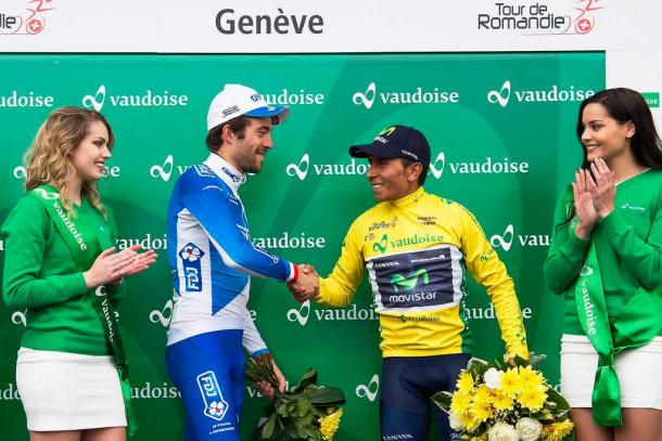 Pinot felicita a Quintana por su triunfo | Fuente: Movistar Team