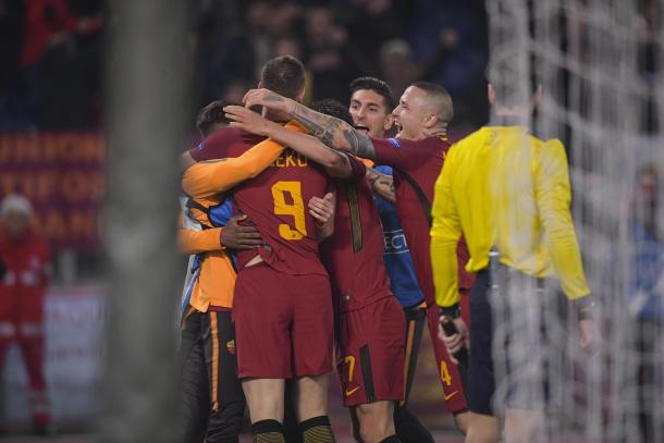 Los jugadores de la AS Roma celebrando su clasificación para los cuartos de final de la Champions / Foto: AS Roma