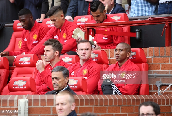 MANCHESTER, ENGLAND - SEPTEMBER 24: Wayne Rooney of Manchester United (C) on the bench with Michael Carrick and Ashley Young of Manchester United at Old Trafford ahead of the Premier League match between Manchester United and Leicester City at Old Trafford on September 24th, 2016 in Manchester, United Kingdom  | Photo by Plumb Images/Leicester City FC via Getty Images