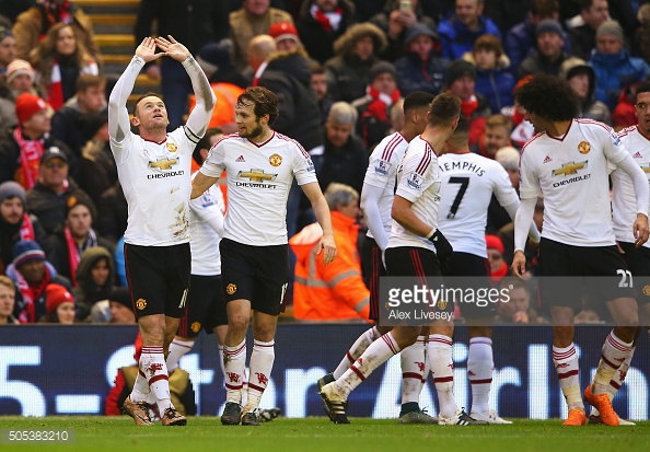 LIVERPOOL, ENGLAND - JANUARY 17: Wayne Rooney of Manchester United celebrates scoring the opening goal during the Barclays Premier League match between Liverpool and Manchester United at Anfield on January 17, 2016 in Liverpool, England. (Photo by Alex Livesey/Getty Images